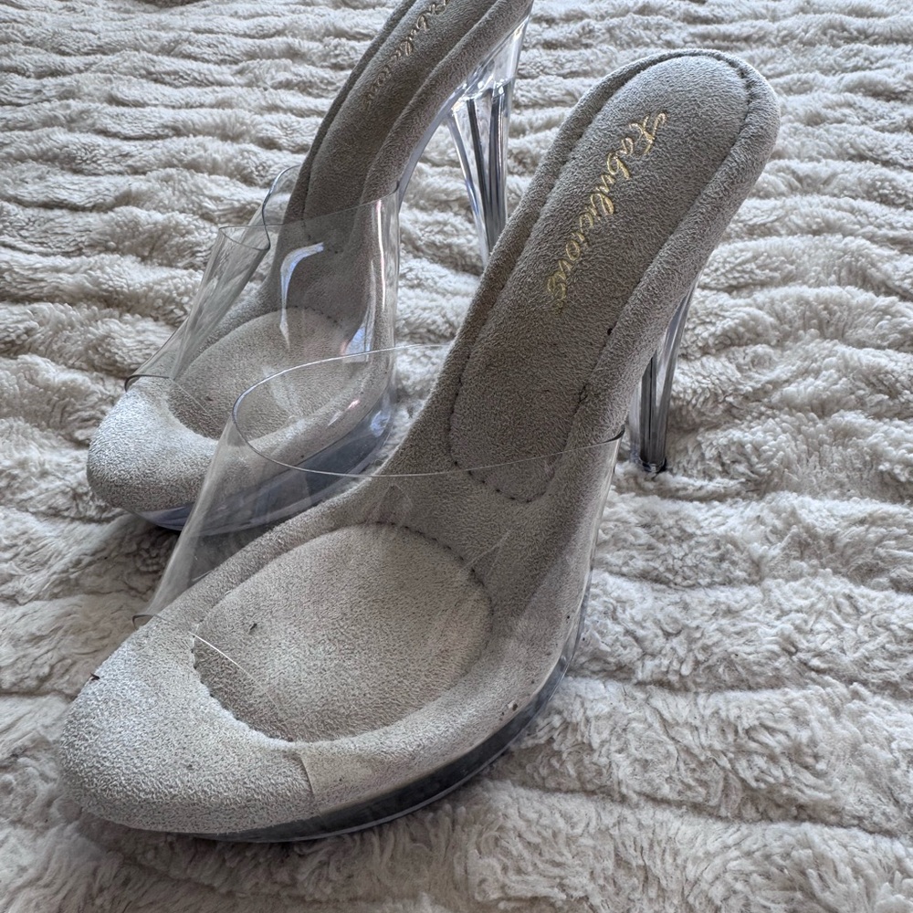 Clear PVC and Gray Suede High Heel Mule - Women's